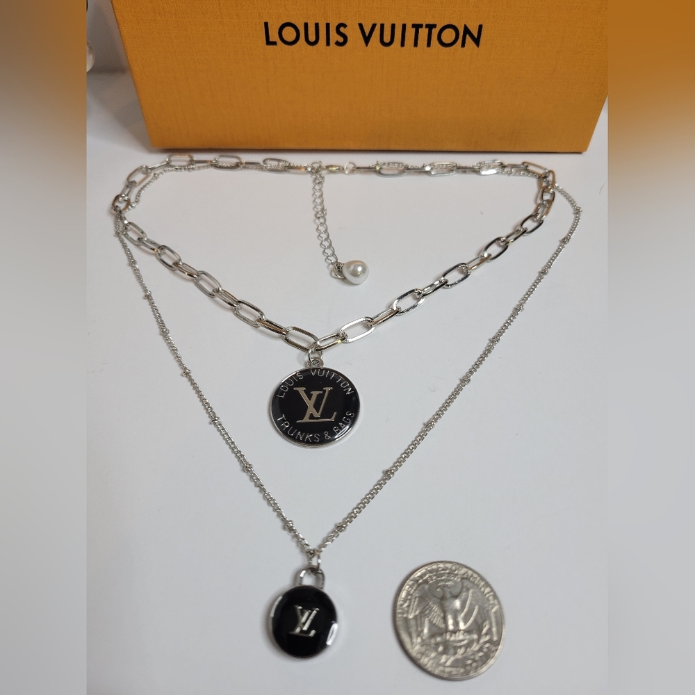 Silver Layered Neckchains, Adjustable, Blk. Ename… - image 1